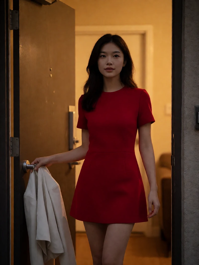 虚构成年华语女性穿红色短裙站在半开的公寓门前